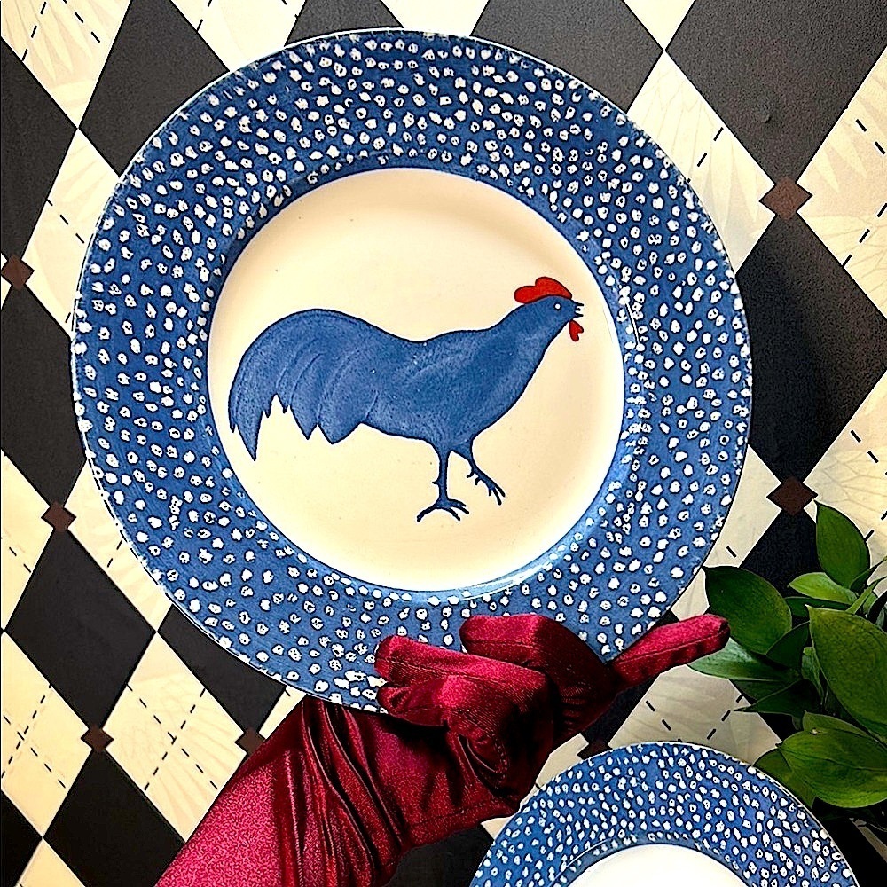 Folk Art 4 Dinner Plates‎ Chanticleer by Alice Cotterell – Blue Speckled Rooster